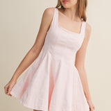 Peony Pink Structured Square Neck Flared Mini Dress