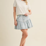 Washed Denim High-Waisted Ruffle Tier Denim Skirt