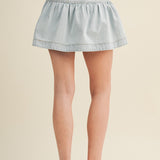 Washed Denim High-Waisted Ruffle Tier Denim Skirt