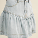 Washed Denim High-Waisted Ruffle Tier Denim Skirt