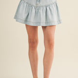 Washed Denim High-Waisted Ruffle Tier Denim Skirt