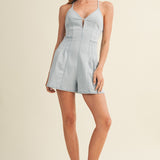 Light Denim Keyhole Bodice Pleated Denim Romper
