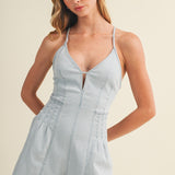 Light Denim Keyhole Bodice Pleated Denim Romper