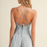 Light Denim Keyhole Bodice Pleated Denim Romper