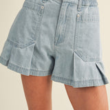 Light Denim Patch Pocket Pleated Denim Shorts