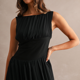 Elara Pleated Ruched Midi Dress - Black