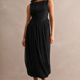 Elara Pleated Ruched Midi Dress - Black