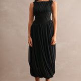 Elara Pleated Ruched Midi Dress - Black