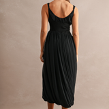 Elara Pleated Ruched Midi Dress - Black