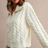Alina Cable Knit Zip-Up Sweater Jacket - Cream