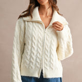 Alina Cable Knit Zip-Up Sweater Jacket - Cream
