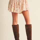 Butter Cream Corset-Waist Gathered Animal Print Skirt