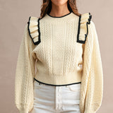 Poppy Ruffle Shoulder Cable Knit Sweater