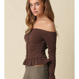 Sienna Brown Off-Shoulder Button-Front Peplum Top