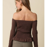 Sienna Brown Off-Shoulder Button-Front Peplum Top