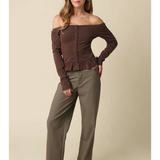 Sienna Brown Off-Shoulder Button-Front Peplum Top