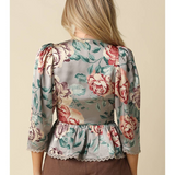 Rosalie Vintage Floral Satin Peplum Blouse