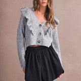 Briar Ruffle Shoulder Cropped Cardigan - H Grey