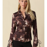 Sadie Brown Floral Satin Button-Front Blouse