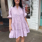 3/4 Sleeve Button Down Stripe Woven Tiered Dress - Rose