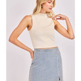 Cream Hustle High Neck Slv Less Crop Top