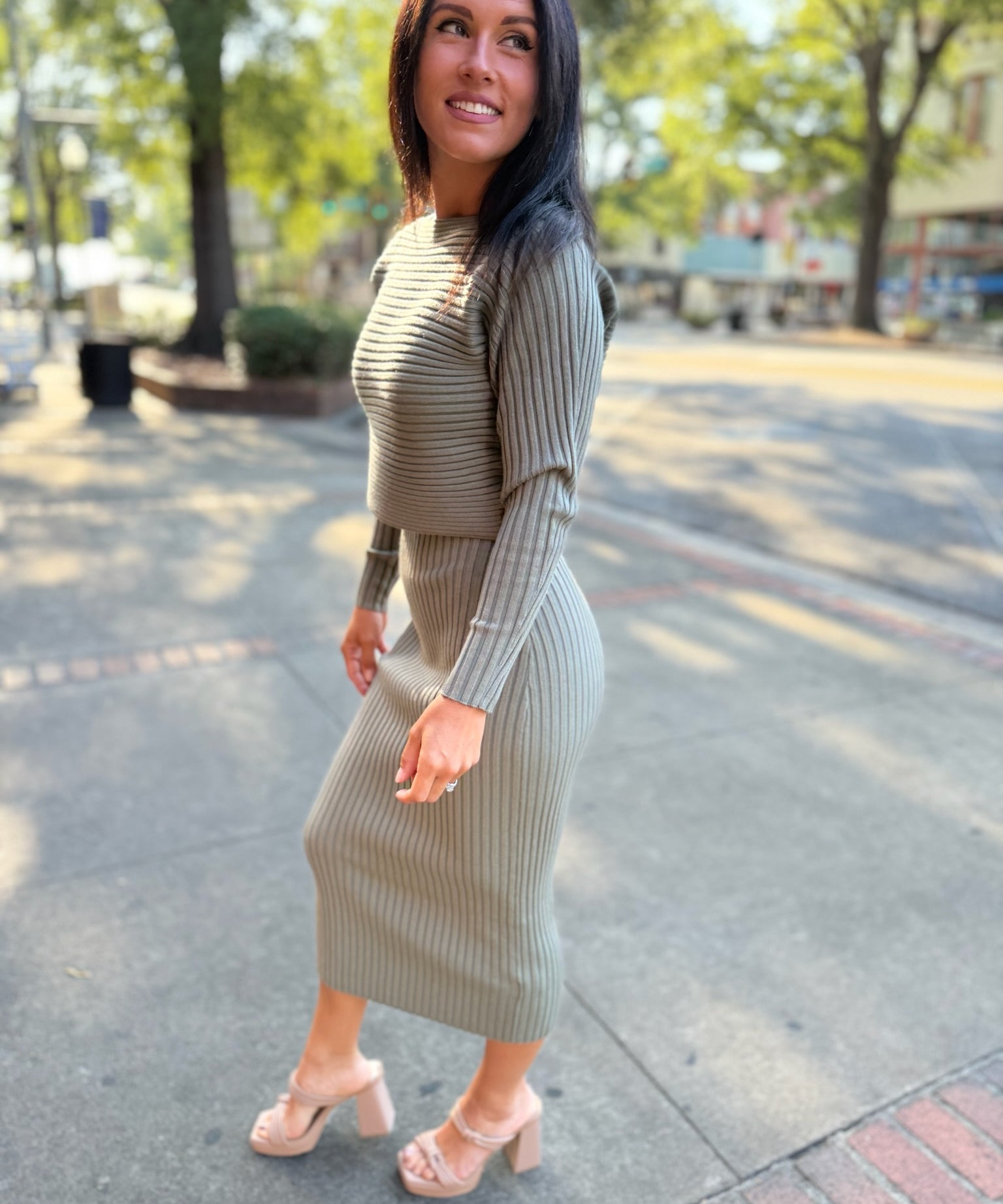 Olive Ribbed Two-Piece Knit Midi Dress Set – Firefly Boutique