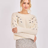 Ivory Silver Monroe Leaf Cutout Embellished Sweater