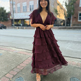 Burgundy Tiered Ruffle Midi Dress