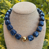 Navy Cube Bead Necklace with Gold Ball