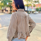 Long Sleeve Gingham Pattern Collared Top