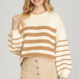 Long Sleeve Striped Sweater Top - Taupe