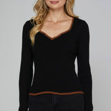 Long Sleeve Sweetheart Neck Sweater Top - Black/Toffee
