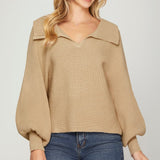 Collared Dolman Sleeve Ribbed Sweater - Taupe