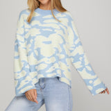 Long Sleeve Fuzzy Floral Print Sweater Top - LT. Blue