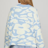 Long Sleeve Fuzzy Floral Print Sweater Top - LT. Blue