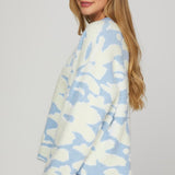 Long Sleeve Fuzzy Floral Print Sweater Top - LT. Blue