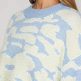 Long Sleeve Fuzzy Floral Print Sweater Top - LT. Blue