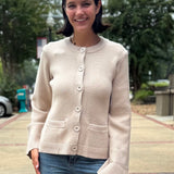 Oatmeal Flared Cuff Crewneck Cardigan Sweater