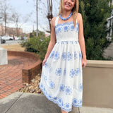 Blue Eyelet Embroidered Cross Back Strap Midi Dress