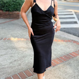 Emmy Twisted Chest Bias Midi Slip Dress - Black