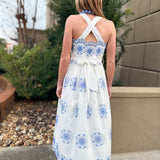 Blue Eyelet Embroidered Cross Back Strap Midi Dress