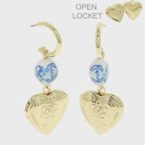 Blue Porcelain Heart Locket Hoop Earrings