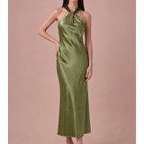 Olive Satin Halter Midi Dress with Velvet Scarf Detail