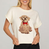 Drop Short Sleeve Puppy Knit Sweater Top - Cream
