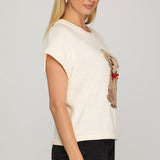 Drop Short Sleeve Puppy Knit Sweater Top - Cream