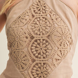 Boho Lace Medallion Pointed Hem Halter Top - Taupe