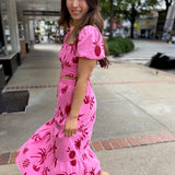 Pink-Red Square Neck Printed Top With Tiered Midi Skirt
