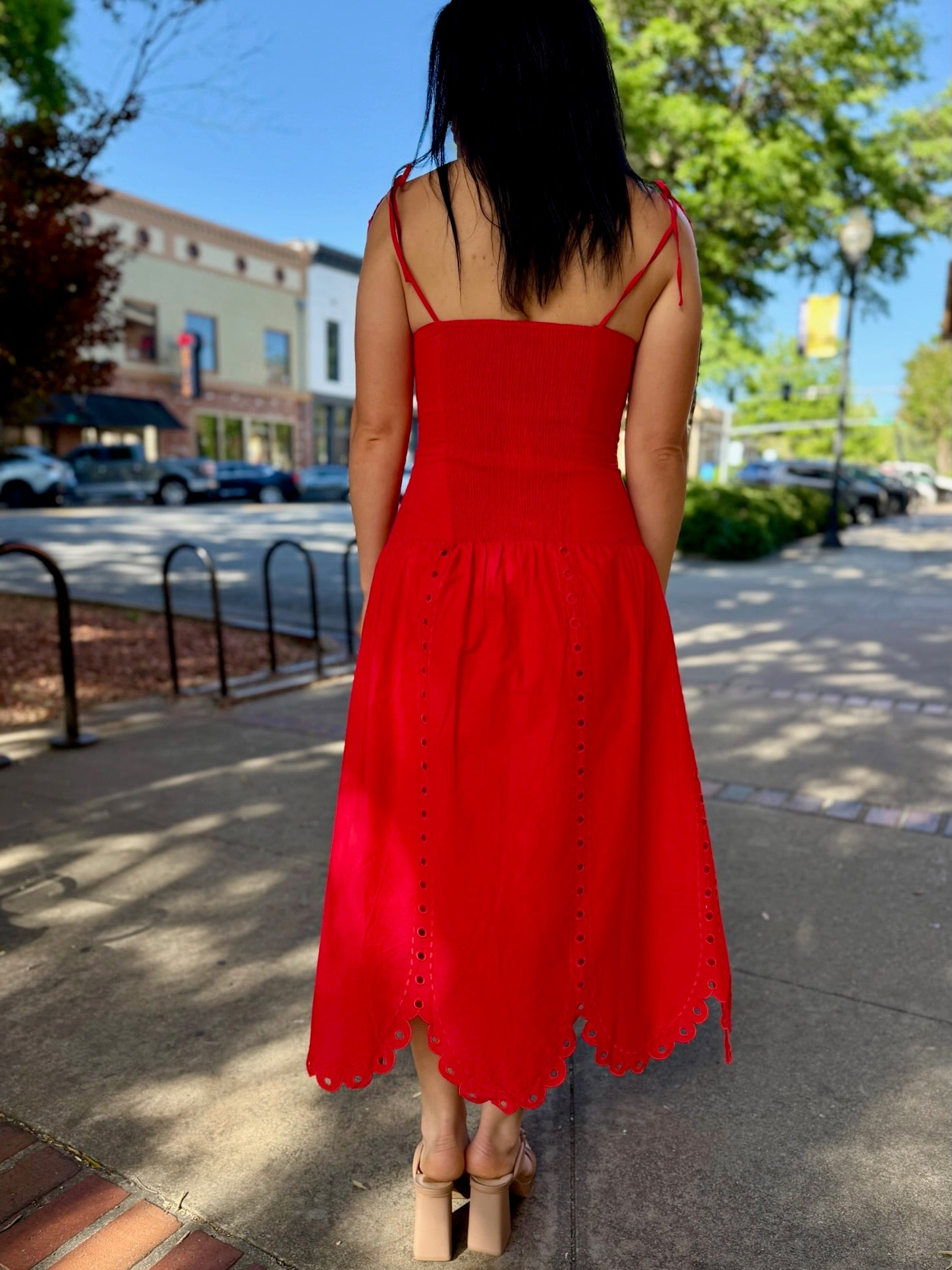 eyelet red dress Collared Shirt - Tomato Garment features back body smocking panel for ease Eyelet Halter Fit & Flare