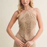 Boho Lace Medallion Pointed Hem Halter Top - Taupe