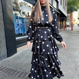 Marlowe Polka Dot Satin Tiered Maxi Skirt
